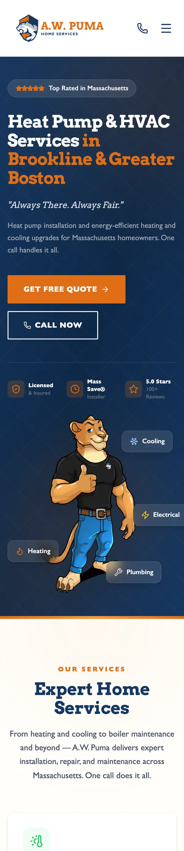 A.W. Puma Home Services website, mobile view